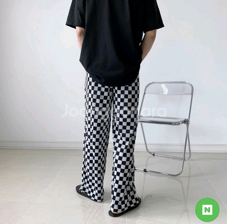 체크 플리츠 밴딩 와이드 팬츠 체커보드 찰랑 블랙 검정 쿨 남여공용 편한 긴바지 깅엄--3