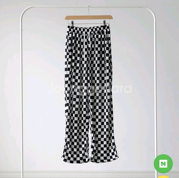 체크 플리츠 밴딩 와이드 팬츠 체커보드 찰랑 블랙 검정 쿨 남여공용 편한 긴바지 깅엄--0