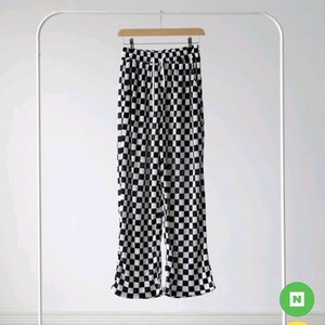 체크 플리츠 밴딩 와이드 팬츠 체커보드 찰랑 블랙 검정 쿨 남여공용 편한 긴바지 깅엄