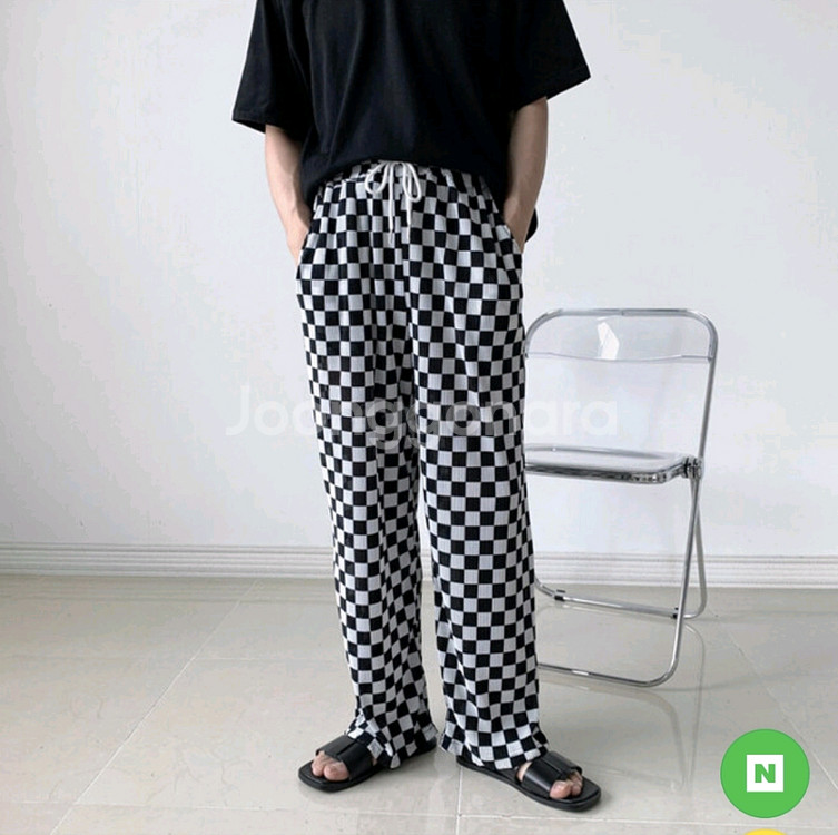 체크 플리츠 밴딩 와이드 팬츠 체커보드 찰랑 블랙 검정 쿨 남여공용 편한 긴바지 깅엄--2