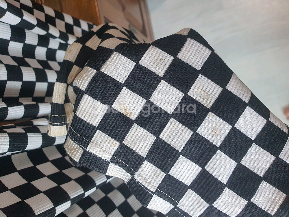 체크 플리츠 밴딩 와이드 팬츠 체커보드 찰랑 블랙 검정 쿨 남여공용 편한 긴바지 깅엄--7