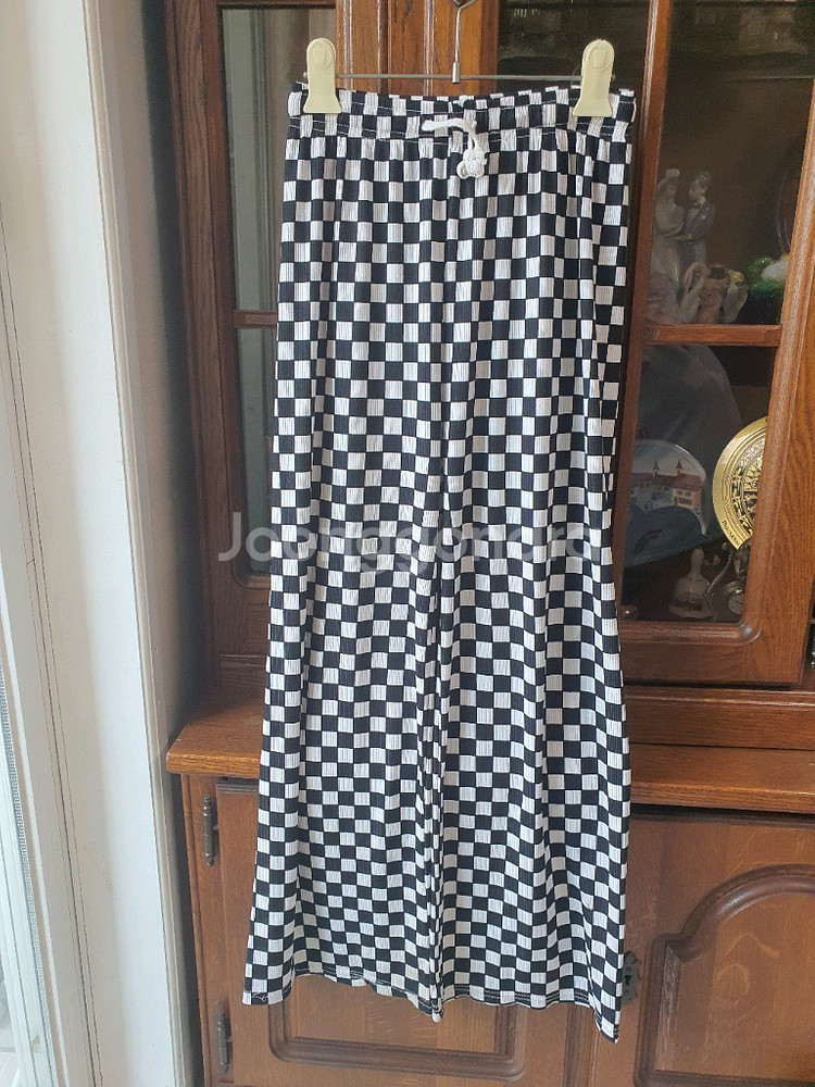 체크 플리츠 밴딩 와이드 팬츠 체커보드 찰랑 블랙 검정 쿨 남여공용 편한 긴바지 깅엄--4