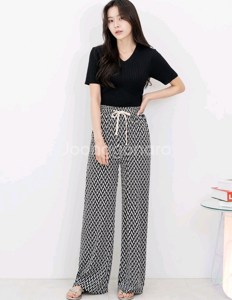 패턴 플리츠 밴딩 와이드 팬츠 찰랑 블랙 검정 쿨 남여공용 편한 긴바지 체크 헤링본 테셀레이션 셰브론 옵티컬 아트--0