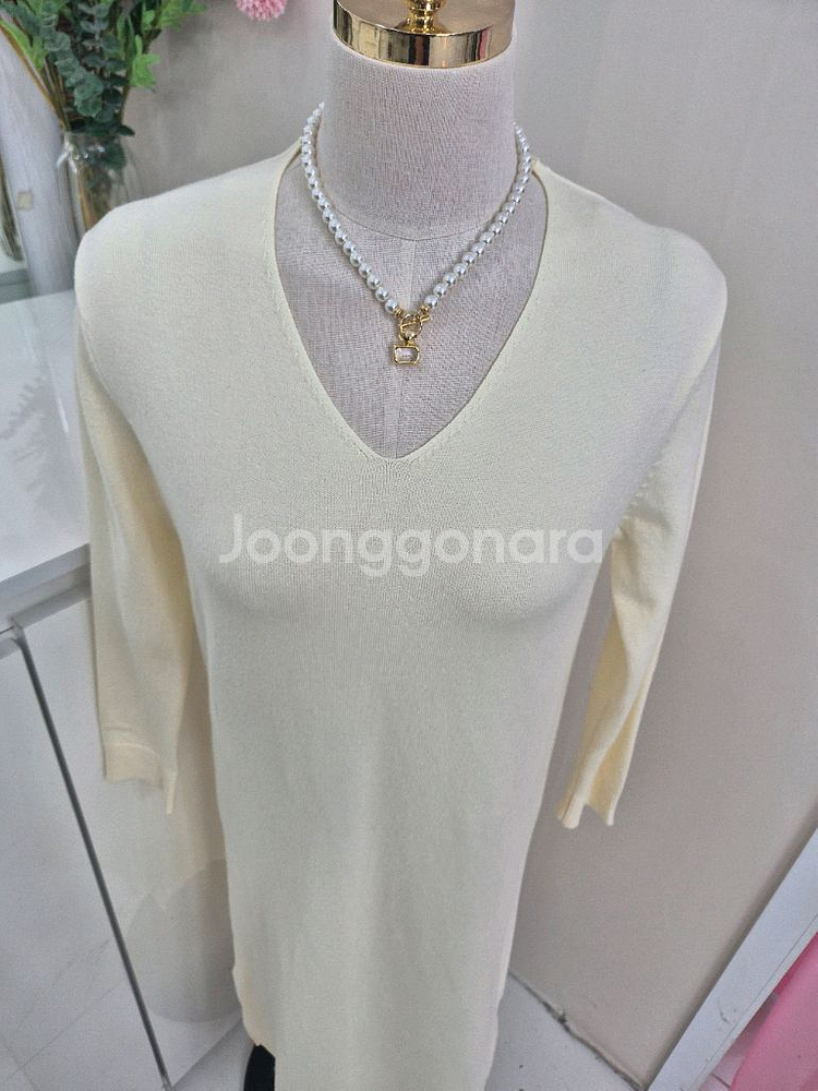 브이넥 크림 아이보리 니트 롱 원피스 (프리사이즈)--6