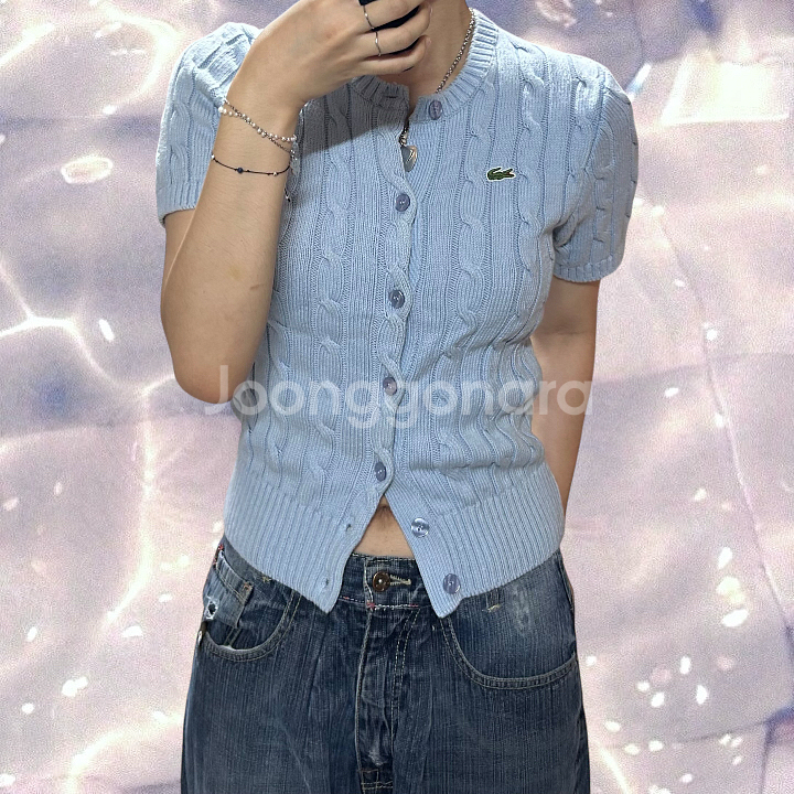 라코스테 스카이블루 소라 케이블 반팔 니트 가디건 90--4