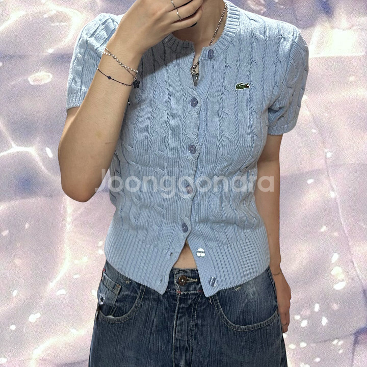 라코스테 스카이블루 소라 케이블 반팔 니트 가디건 90--3