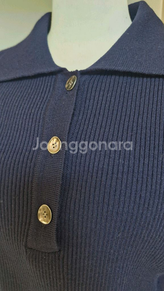 [ZOOC]카라넥 니트배색 플리츠 롱원피스 네이비 하늘 55--3