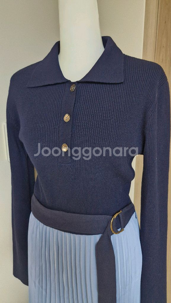 [ZOOC]카라넥 니트배색 플리츠 롱원피스 네이비 하늘 55--1