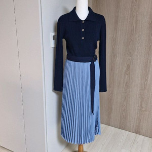 [ZOOC]카라넥 니트배색 플리츠 롱원피스 네이비 하늘 55