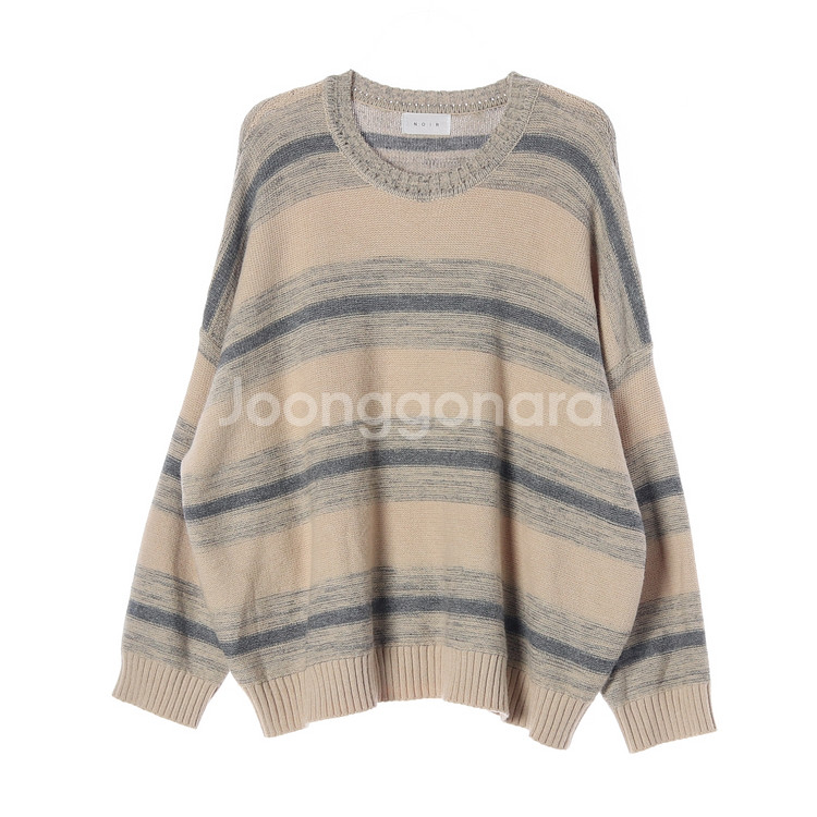 [XL]느와 베이지 그레이 스트라이프 오버핏 루즈 니트 스웨터--0
