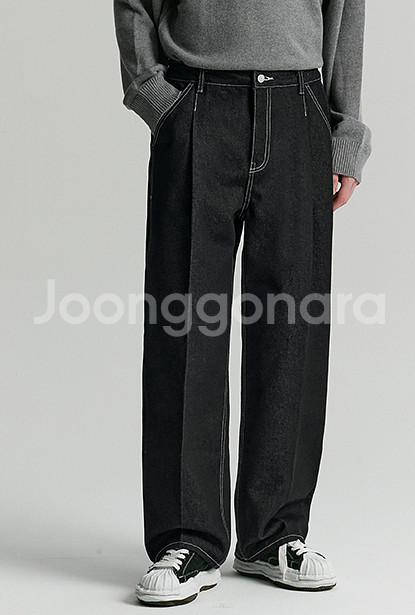 커스텀어클락 데님 원 턱 와이드 팬츠 급처--0