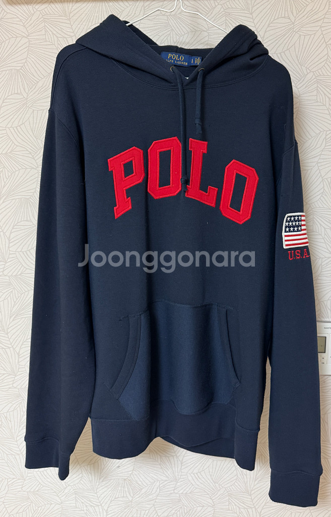 [L] 폴로 랄프로렌 풀오버 플리스 후드티 성조기 패치 네이비 블루--0