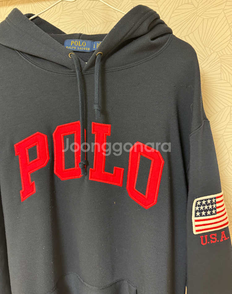 [L] 폴로 랄프로렌 풀오버 플리스 후드티 성조기 패치 네이비 블루--1