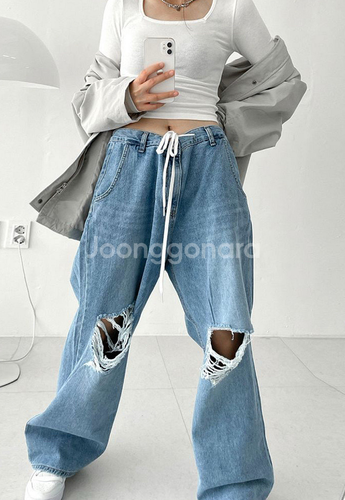 찢어진 데님 와이드 팬츠--0