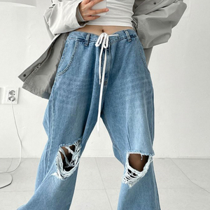 찢어진 데님 와이드 팬츠