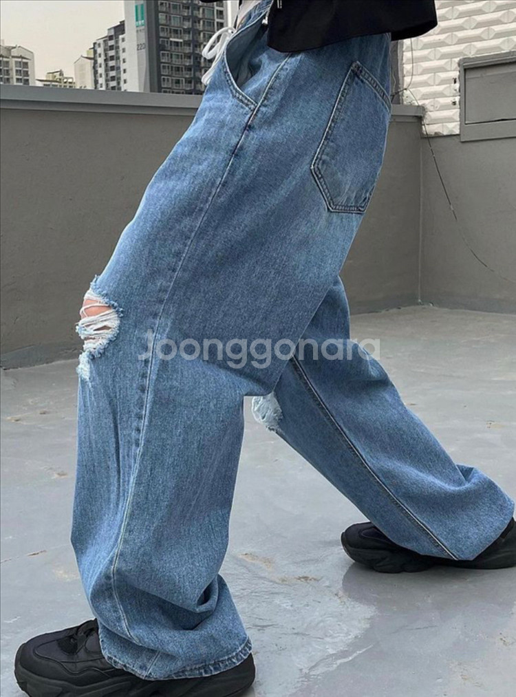 찢어진 데님 와이드 팬츠--2