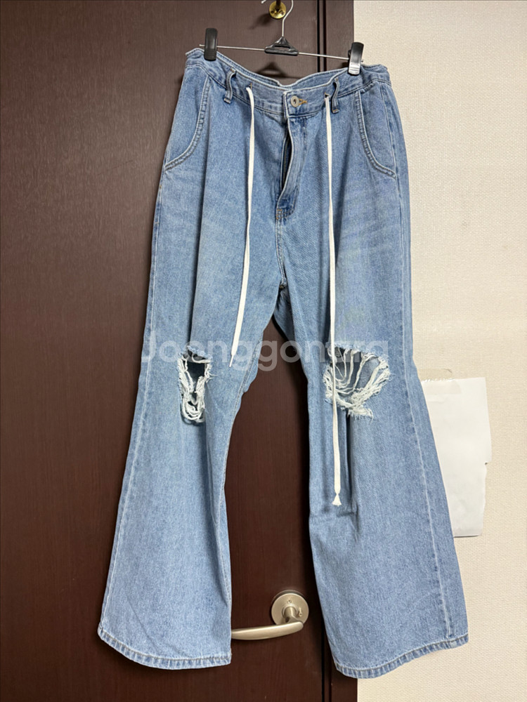 찢어진 데님 와이드 팬츠--5