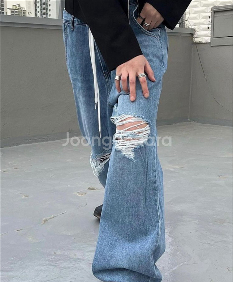 찢어진 데님 와이드 팬츠--3