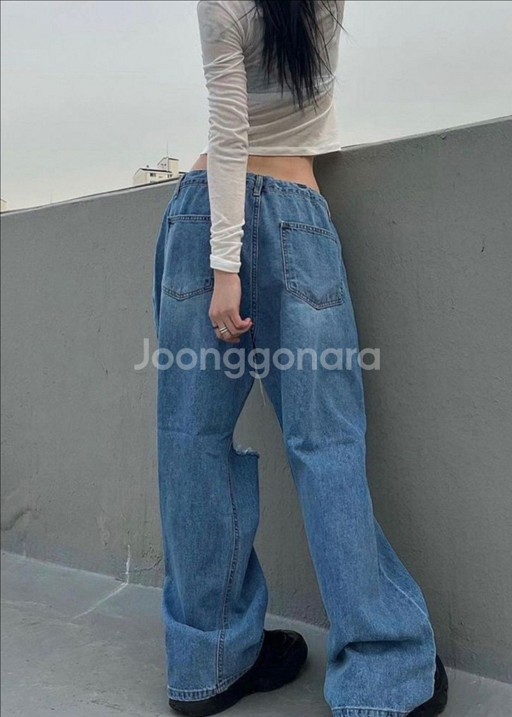 찢어진 데님 와이드 팬츠--4