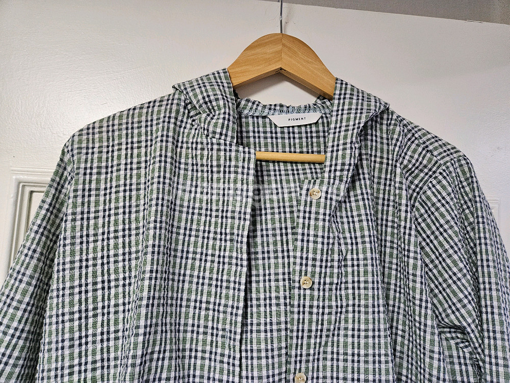 피그먼트 초록 체크 후드 남방 긴팔 셔츠--1