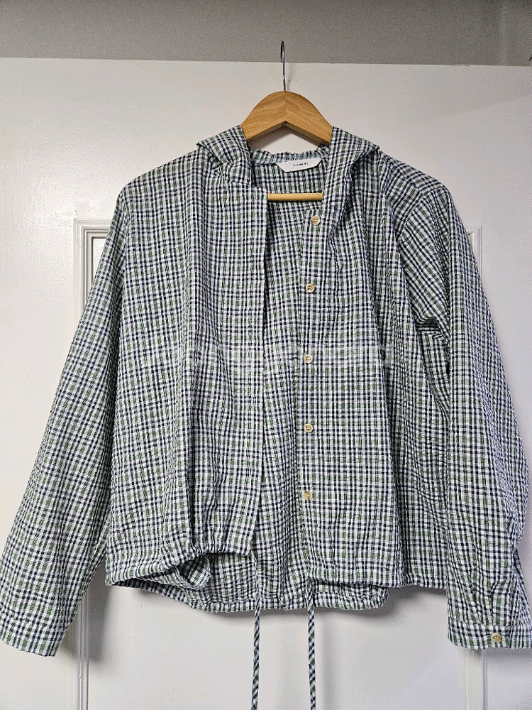 피그먼트 초록 체크 후드 남방 긴팔 셔츠--0