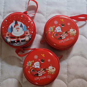 새상품 크리스마스 동전지갑 키링 코인파우치 틴케이스 3개 원형 유아동 키즈 선물포장 선물상자 악세사리