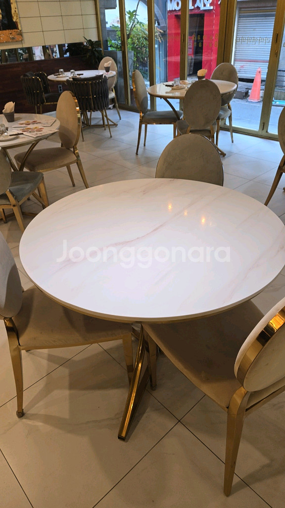 원형 화이트마블 천연 대리석 대형 식탁 세트--2
