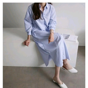 스트라이프 셔츠 원피스 - 블루 , 프리