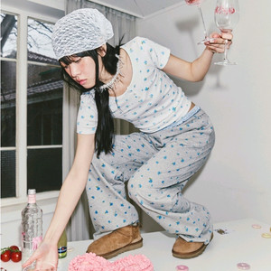 럭키슈에뜨 패턴 저지 롱 팬츠 멜란지그레이 36사이즈