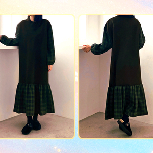 체크 기모안감 오버핏 러플 롱 원피스