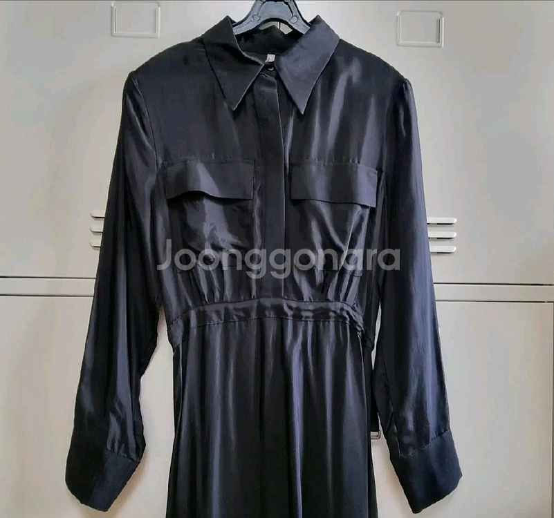 새틴 셔츠 롱 원피스 - 블랙--7