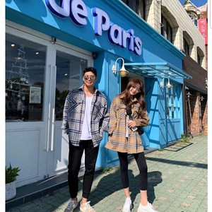 마리마켓 체크울남방 베이지 롱기장 이미지