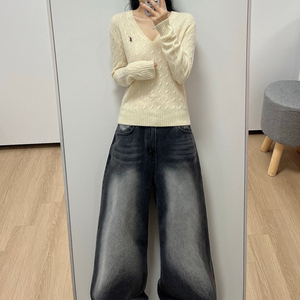 폴로 랄프로렌 버건디 포니 아이보리 램스울 꽈배기 니트 이미지