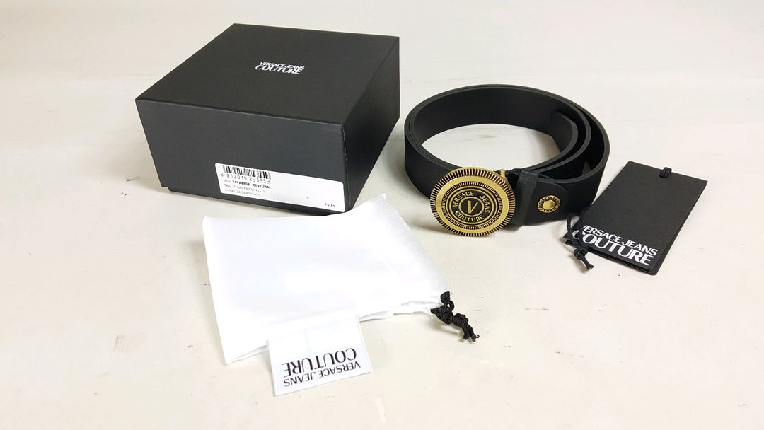 베르사체진스 V 엠블럼 원형 버클 남성 가죽 벨트--5