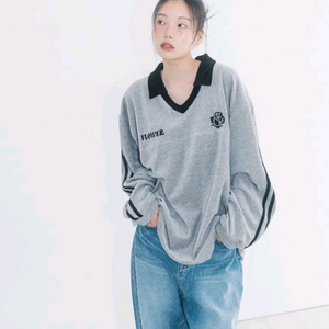 해비즘 오버사이즈 벨루어 V넥 긴팔티 그레이