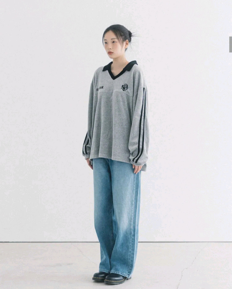 해비즘 오버사이즈 벨루어 V넥 긴팔티 그레이--3