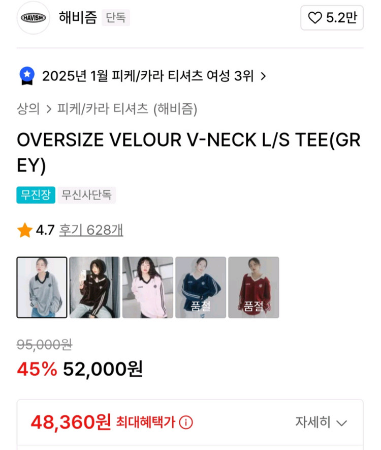 해비즘 오버사이즈 벨루어 V넥 긴팔티 그레이--1