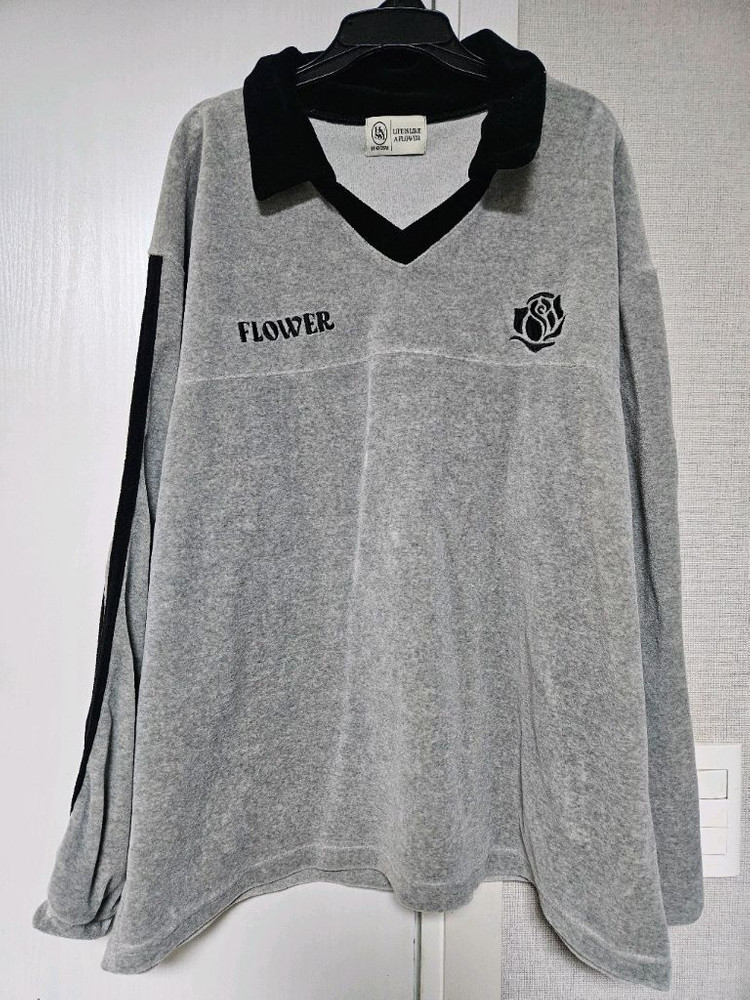 해비즘 오버사이즈 벨루어 V넥 긴팔티 그레이--4