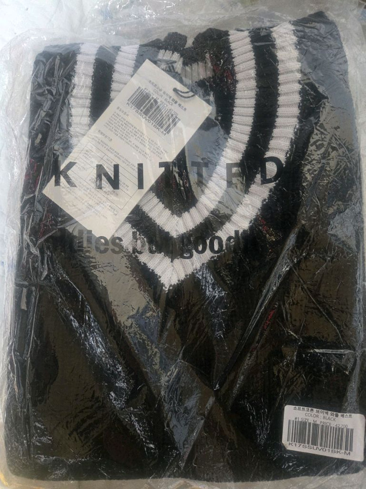 [새상품] 니티드 소프트코튼 브이넥 와플 베스트 블랙 M 이미지