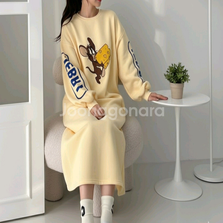 프린팅 기모 롱 데일리 루즈핏 원피스--5