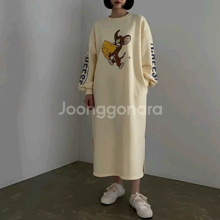 프린팅 기모 롱 데일리 루즈핏 원피스--1