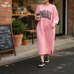 레터링 맨투맨 봄가을 데일리 루즈핏 롱원피스 (2color)