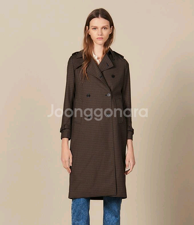 (신세경착용)산드로 체크 깅엄 트렌치코트 여성 롱코트--3