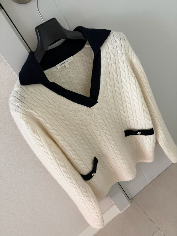 한섬 더캐시미어 캐시미어 컬러 블록 케이블 니트 탑--1