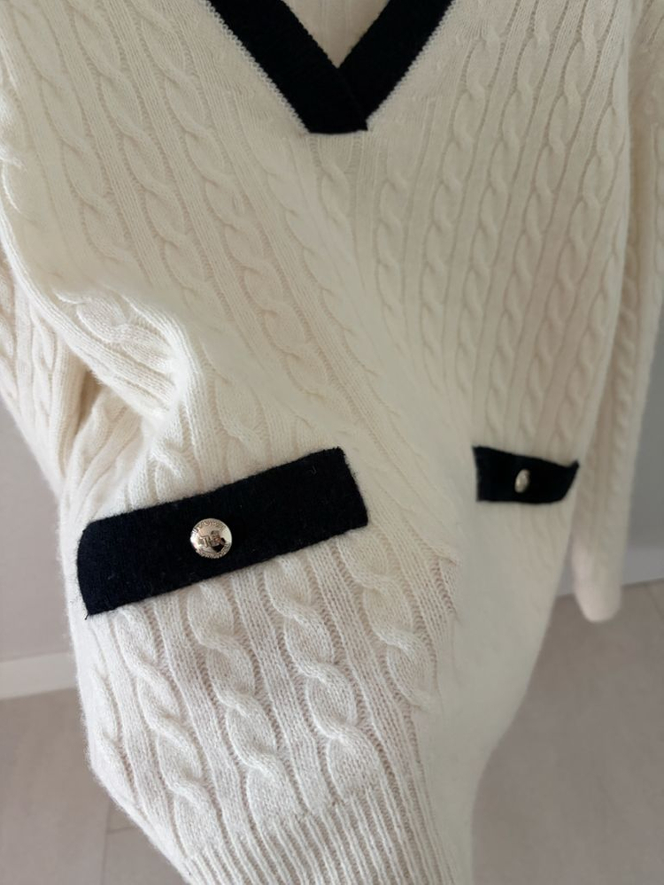 한섬 더캐시미어 캐시미어 컬러 블록 케이블 니트 탑--2