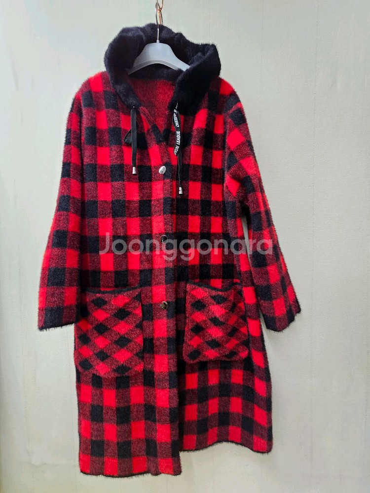 밍크퍼니트 체크 후드코트--1