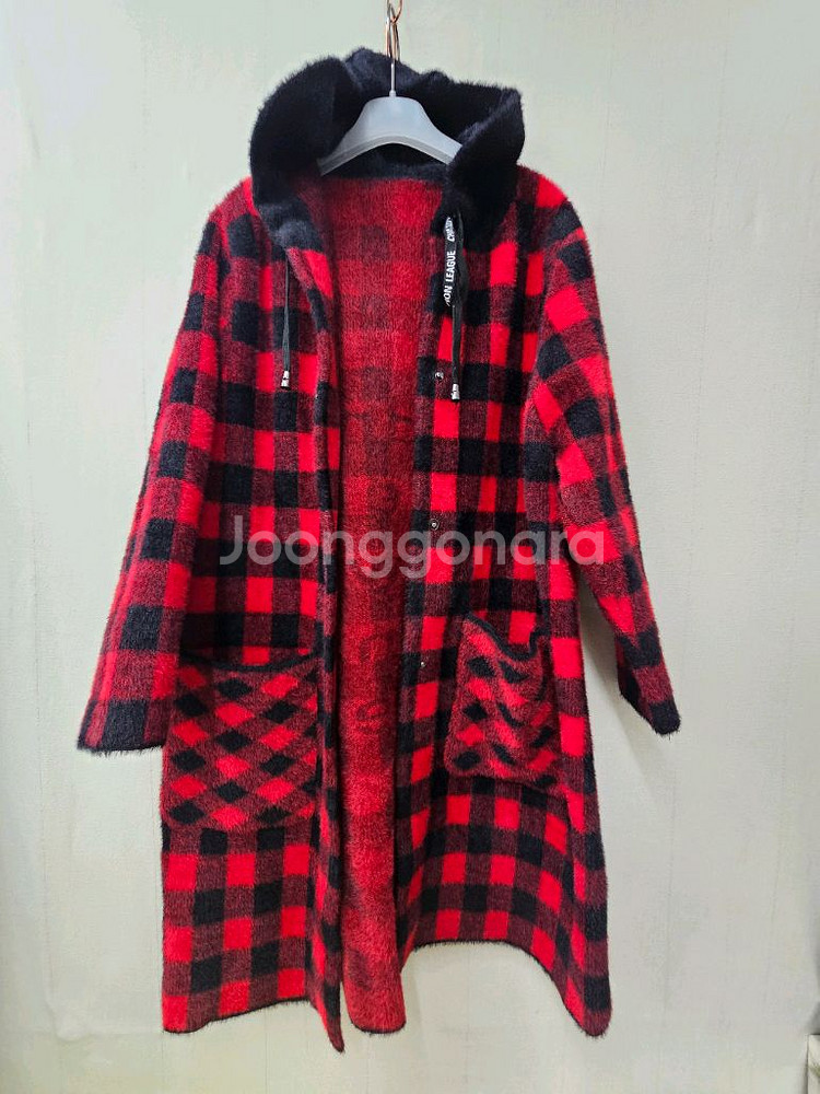 밍크퍼니트 체크 후드코트--4
