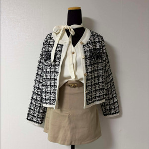 [ 새상품 ] 트위드가디건 + 타이블라우스 + H라인스커트 SET