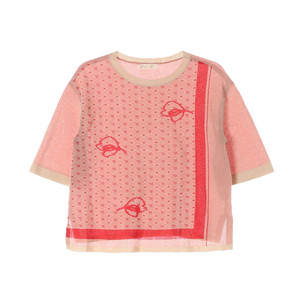 [S]SJSJ에스제이에스제이 베이지 핑크 패턴 오버핏 반팔 니트 티셔츠