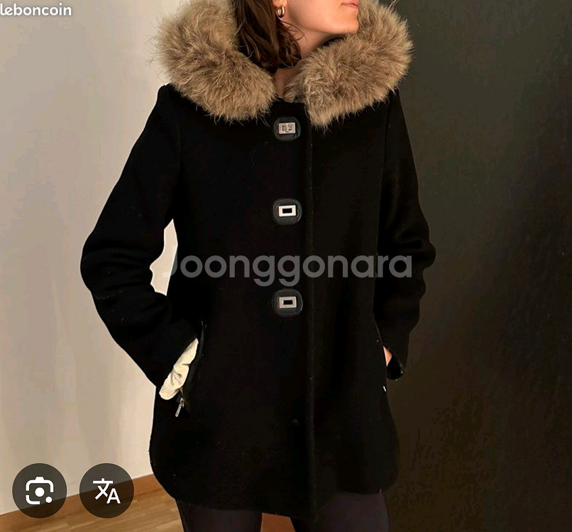 산드로 라쿤퍼 후드 양가죽 배색 울코트 36 사이즈--0